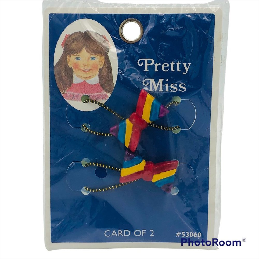 NOS Vtg Pretty Miss Tip Top Card of 2 Striped Bow Hair Elastics Made in Taiwan